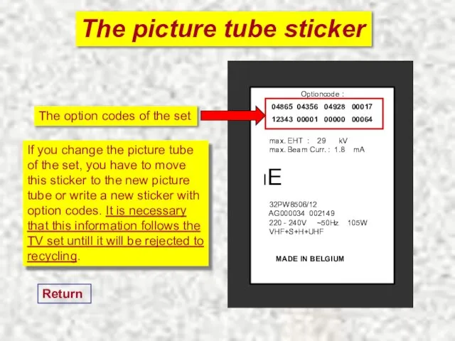The picture tube sticker Optioncode : 04865 04356 04928 00017 12343 00001