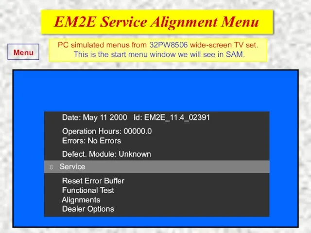 EM2E Service Alignment Menu EM2E Service Alignment Menu Date: May 11 2000