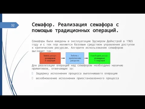 Семафор. Реализация семафора с помощью традиционных операций. Семафоры были введены в эксплуатацию