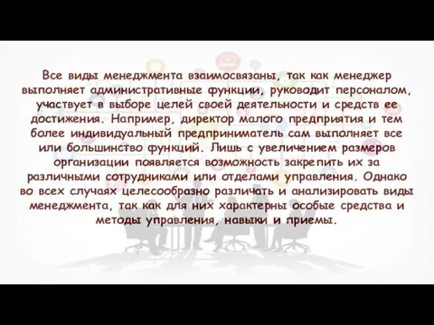 Все виды менеджмента взаимосвязаны, так как менеджер выполняет административные функции, руководит персоналом,