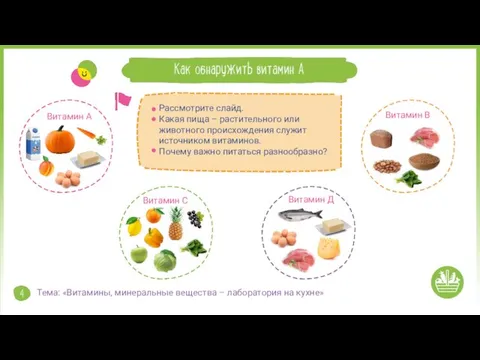 Рассмотрите слайд. Какая пища – растительного или животного происхождения служит источником витаминов.