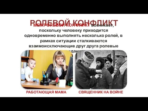 РОЛЕВОЙ КОНФЛИКТ МЕЖРОЛЕВОЙ КОНФЛИКТ возникает, поскольку человеку приходится одновременно выполнять несколько ролей,