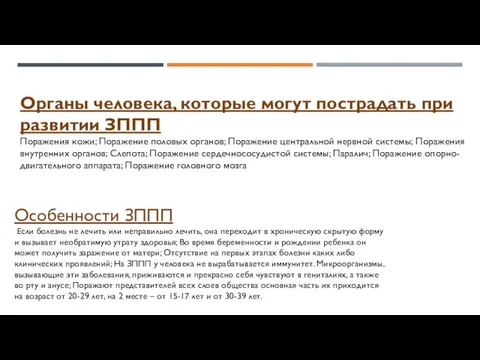 Органы человека, которые могут пострадать при развитии ЗППП Поражения кожи; Поражение половых