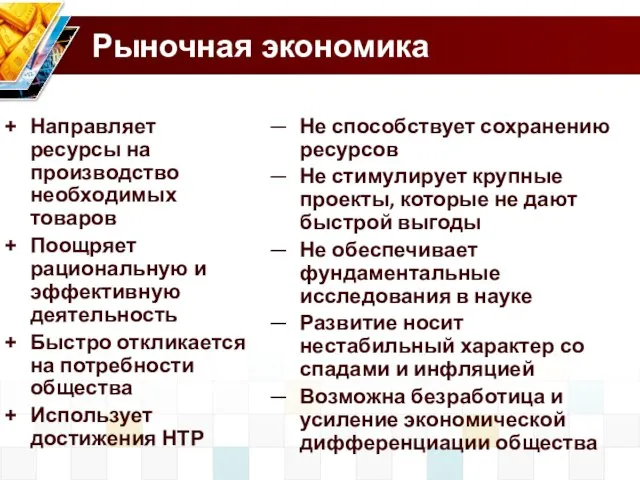 Рыночная экономика Направляет ресурсы на производство необходимых товаров Поощряет рациональную и эффективную