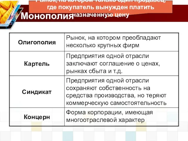 Монополия Рынок, на котором только один продавец, где покупатель вынужден платить назначенную цену