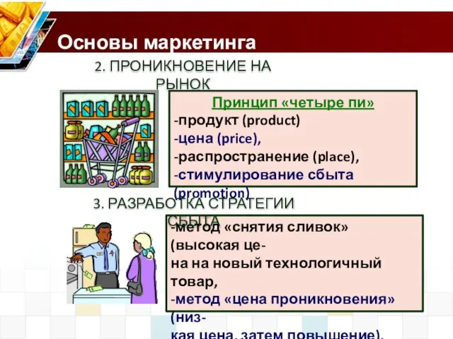 Основы маркетинга 2. ПРОНИКНОВЕНИЕ НА РЫНОК Принцип «четыре пи» -продукт (product) -цена