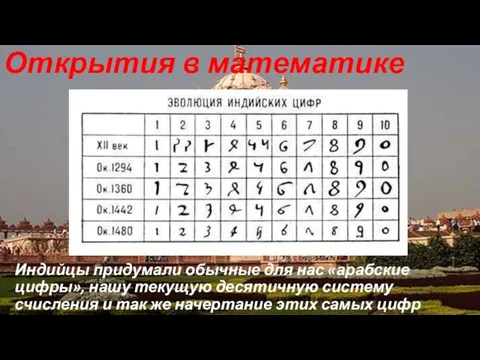 Открытия в математике Индийцы придумали обычные для нас «арабские цифры», нашу текущую