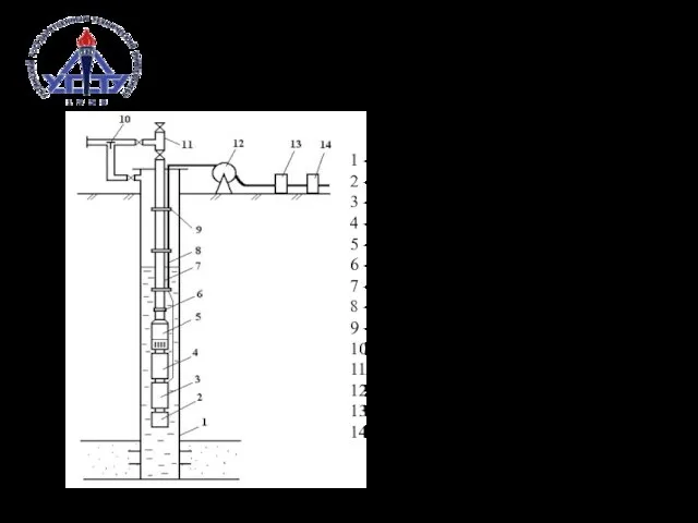 Компоновка электроцентробежного насоса 1 – обсадная эксплуатационная колонна; 2 – компенсатор; 3
