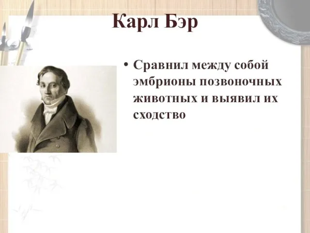 Карл Бэр Сравнил между собой эмбрионы позвоночных животных и выявил их сходство