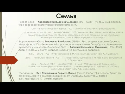 Семья Первая жена — Анастасия Николаевна Слётова (1873—1938) — учительница, эсерка, член