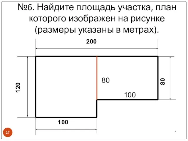 №6. Найдите площадь участка, план которого изображен на рисунке (размеры указаны в метрах). * 80 100