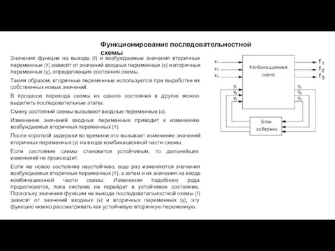 Функционирование последовательностной схемы Значения функции на выходе (f) и возбуждаемые значения вторичных