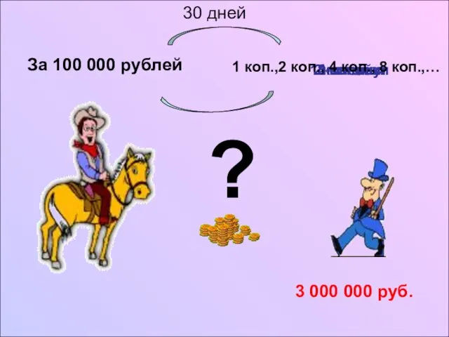 За 100 000 рублей 1 копейку 2 копейки 4 копейки 8 копеек