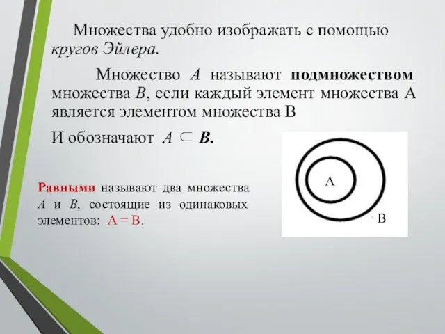 Множества удобно изображать с помощью кругов Эйлера. Множество А называют подмножеством множества