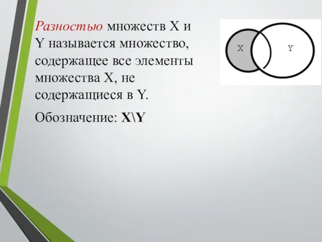 Разностью множеств X и Y называется множество, содержащее все элементы множества X,