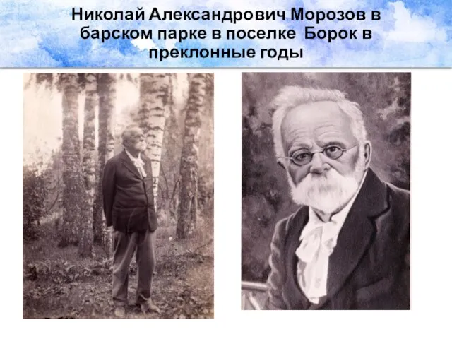Николай Александрович Морозов в барском парке в поселке Борок в преклонные годы