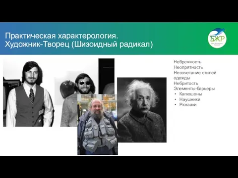 Практическая характерология. Художник-Творец (Шизоидный радикал) Небрежность Неопрятность Несочетание стилей одежды Небритость Элементы-барьеры Капюшоны Наушники Рюкзаки