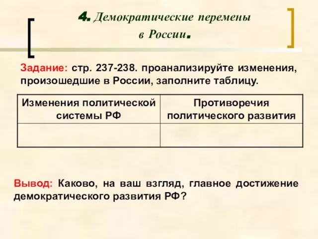 4. Демократические перемены в России. Задание: стр. 237-238. проанализируйте изменения, произошедшие в