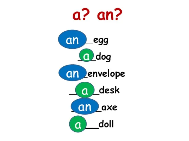 ___egg ___dog ____envelope _____desk _____axe ____doll a? an? a an a a an an
