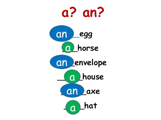 ___egg ___horse ____envelope _____house _____axe ____hat a? an? a an a a an an