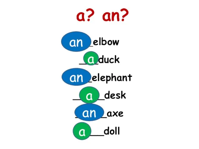 ___elbow ___duck ____elephant _____desk _____axe ____doll a? an? a an a a an an