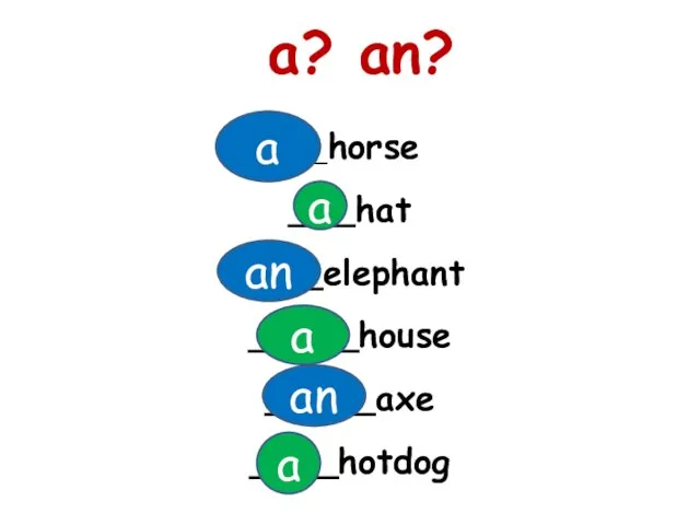 ___horse ___hat ____elephant _____house _____axe ____hotdog a? an? a a a a an an