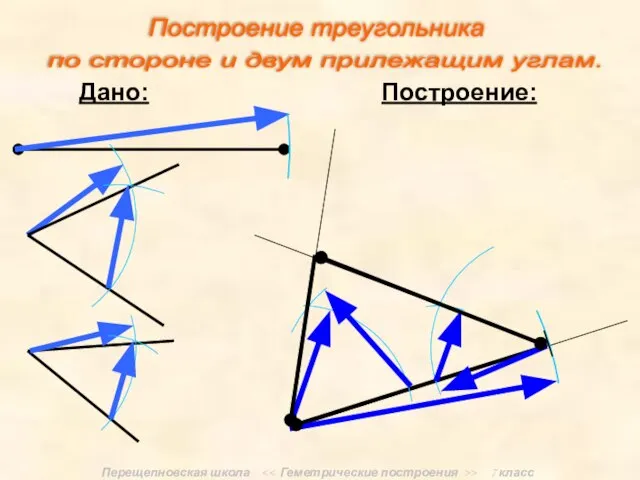 Перещепновская школа > 7 класс Дано: Построение: Построение треугольника по стороне и двум прилежащим углам.