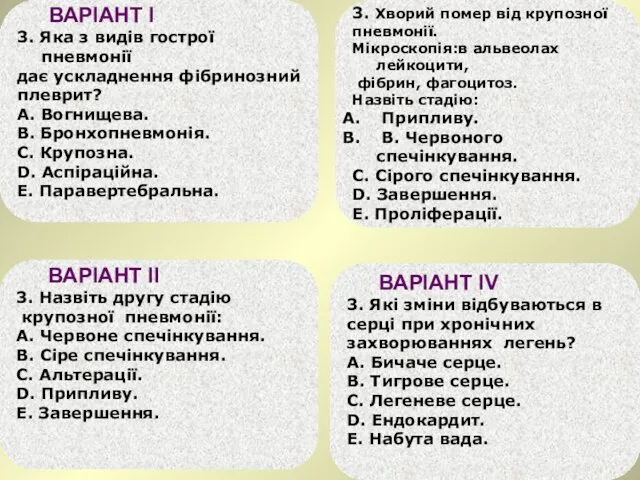 ВАРІАНТ І 3. Яка з видів гострої пневмонії дає ускладнення фібринозний плеврит?