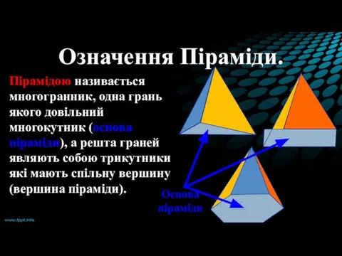 Означення Піраміди. Пірамідою називається многогранник, одна грань якого довільний многокутник (основа піраміди),