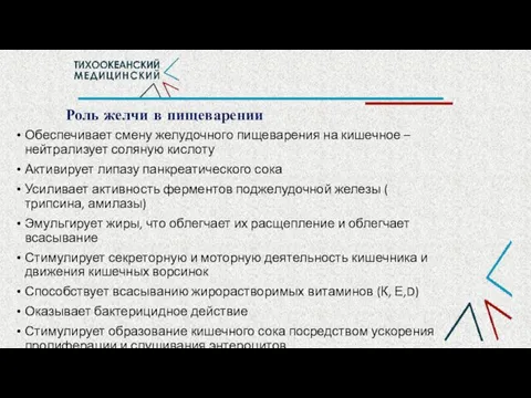 Роль желчи в пищеварении Обеспечивает смену желудочного пищеварения на кишечное – нейтрализует