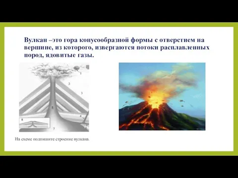 Вулкан –это гора конусообразной формы с отверстием на вершине, из которого, извергаются