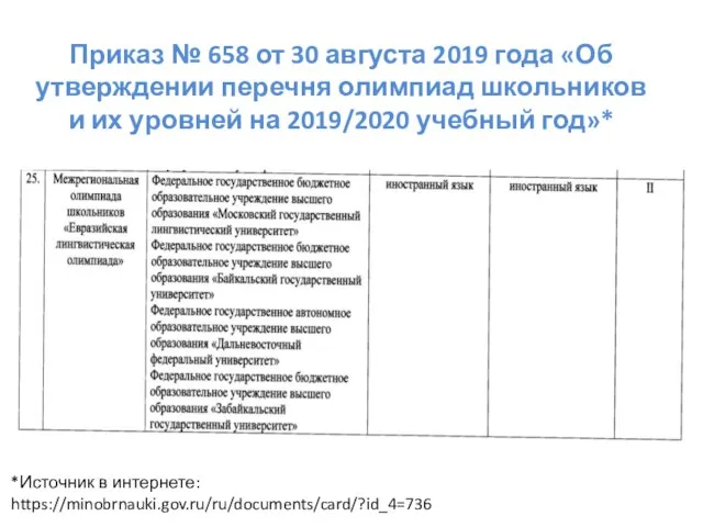 Приказ № 658 от 30 августа 2019 года «Об утверждении перечня олимпиад