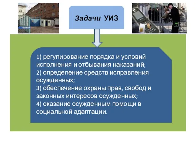 Задачи УИЗ 1) регулирование порядка и условий исполнения и отбывания наказаний; 2)