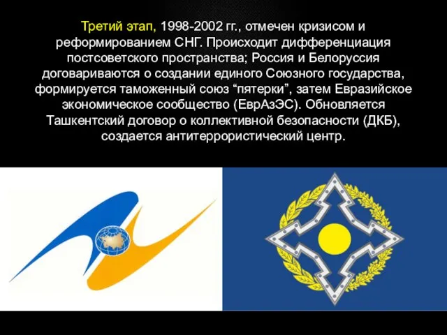 Третий этап, 1998-2002 гг., отмечен кризисом и реформированием СНГ. Происходит дифференциация постсоветского