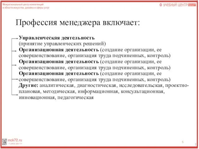 Профессия менеджера включает: Управленческая деятельность (принятие управленческих решений) Организационная деятельность (создание организации,