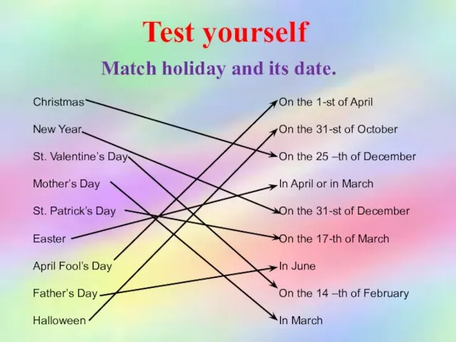 Match holiday and its date. Test yourself Christmas New Year St. Valentine’s