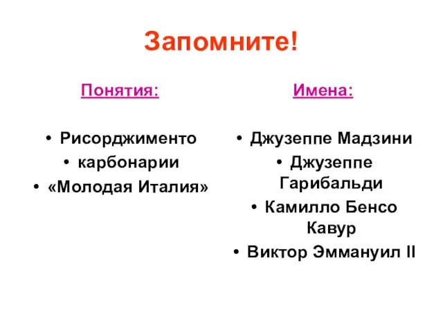 Запомните! Понятия: Рисорджименто карбонарии «Молодая Италия» Имена: Джузеппе Мадзини Джузеппе Гарибальди Камилло