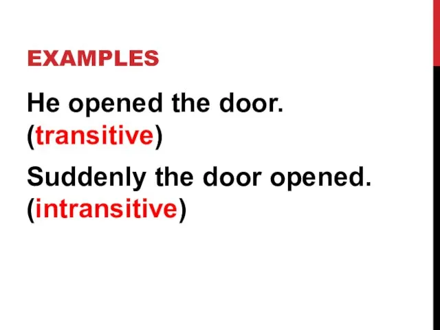 EXAMPLES He opened the door. (transitive) Suddenly the door opened. (intransitive)