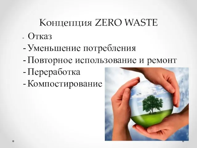 Концепция ZERO WASTE - Отказ Уменьшение потребления Повторное использование и ремонт Переработка Компостирование