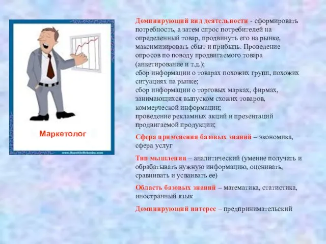 Маркетолог Доминирующий вид деятельности - сформировать потребность, а затем спрос потребителей на