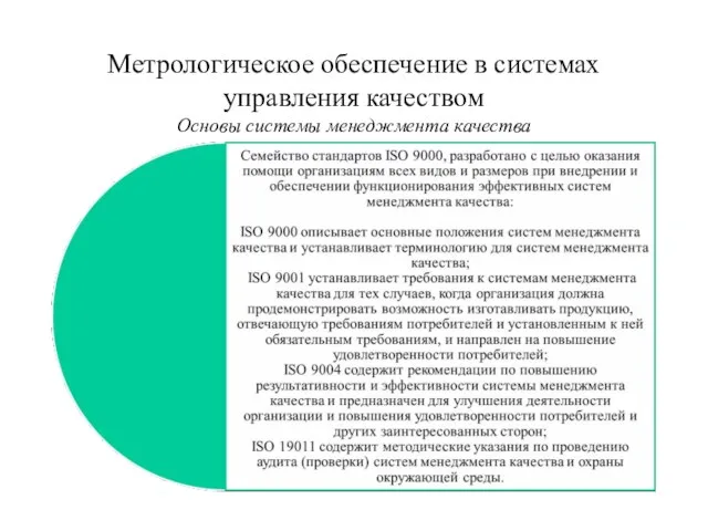 Метрологическое обеспечение в системах управления качеством Основы системы менеджмента качества