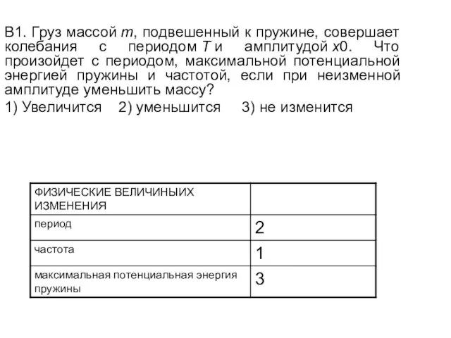 В1. Груз массой m, подвешенный к пружине, совершает колебания с периодом T