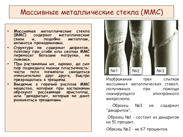 Массивные металлические стекла (ММС) Массивные металлические стекла (ММС) содержат металлические связи и,