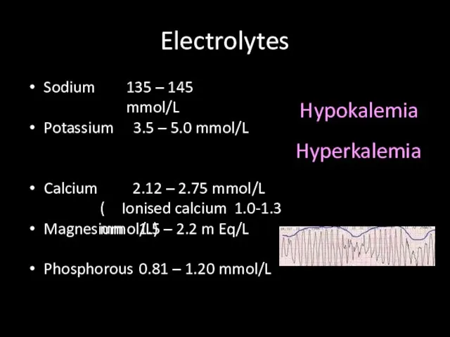 Electrolytes Sodium 135 – 145 mmol/L Potassium 3.5 – 5.0 mmol/L Calcium