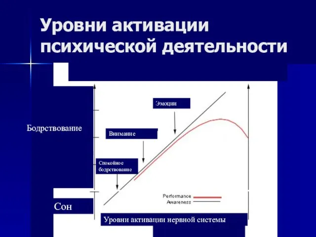 Уровни активации психической деятельности Эмоции Внимание Спокойное бодрствование Сон Уровни активации нервной системы Поведение Аффект Бодрствование