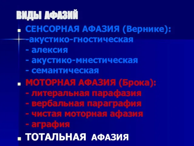 ВИДЫ АФАЗИЙ СЕНСОРНАЯ АФАЗИЯ (Вернике): -акустико-гностическая - алексия - акустико-мнестическая - семантическая