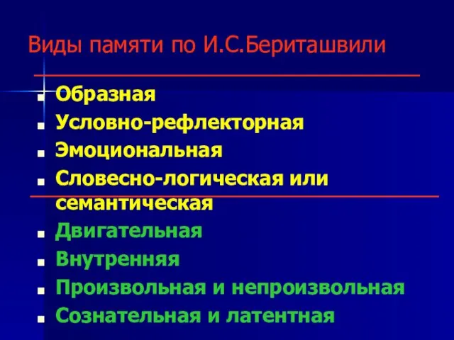 Виды памяти по И.С.Бериташвили Образная Условно-рефлекторная Эмоциональная Словесно-логическая или семантическая Двигательная Внутренняя