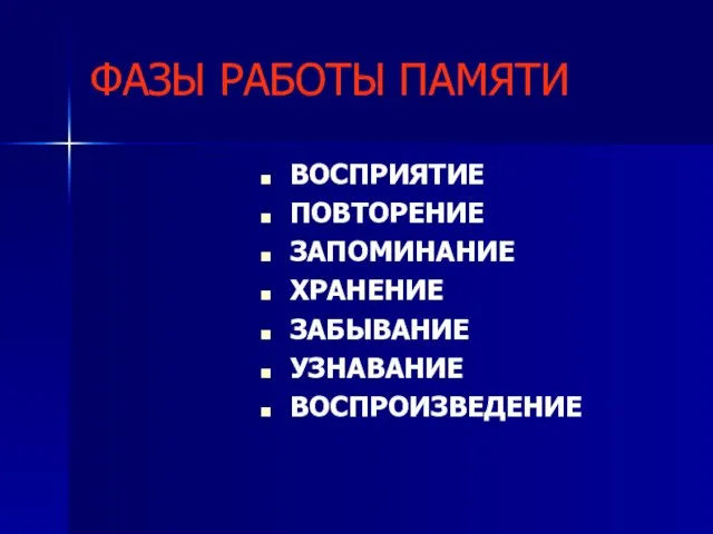 ФАЗЫ РАБОТЫ ПАМЯТИ ВОСПРИЯТИЕ ПОВТОРЕНИЕ ЗАПОМИНАНИЕ ХРАНЕНИЕ ЗАБЫВАНИЕ УЗНАВАНИЕ ВОСПРОИЗВЕДЕНИЕ