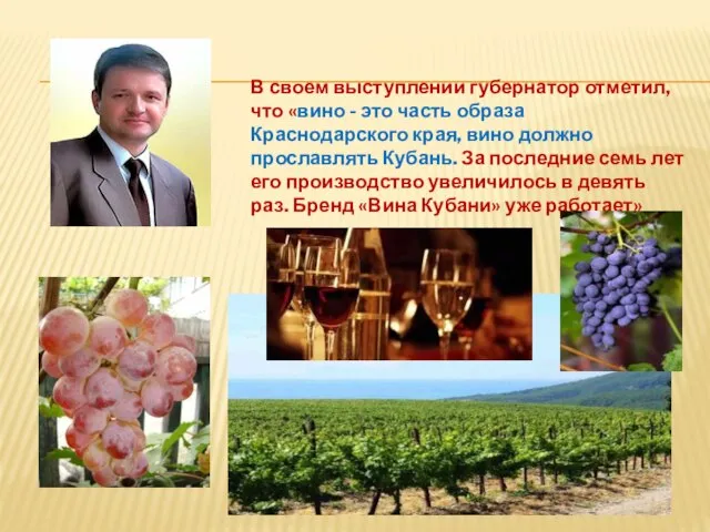 В своем выступлении губернатор отметил, что «вино - это часть образа Краснодарского
