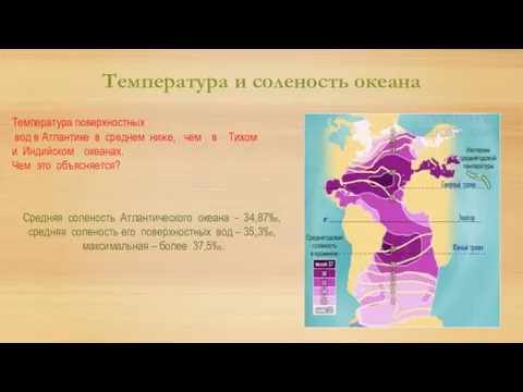 Температура и соленость океана Средняя соленость Атлантического океана - 34,87‰, средняя соленость